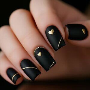 Press-On-Nails Valentine's Day Matt Black with Gold Heart Short Square Tip